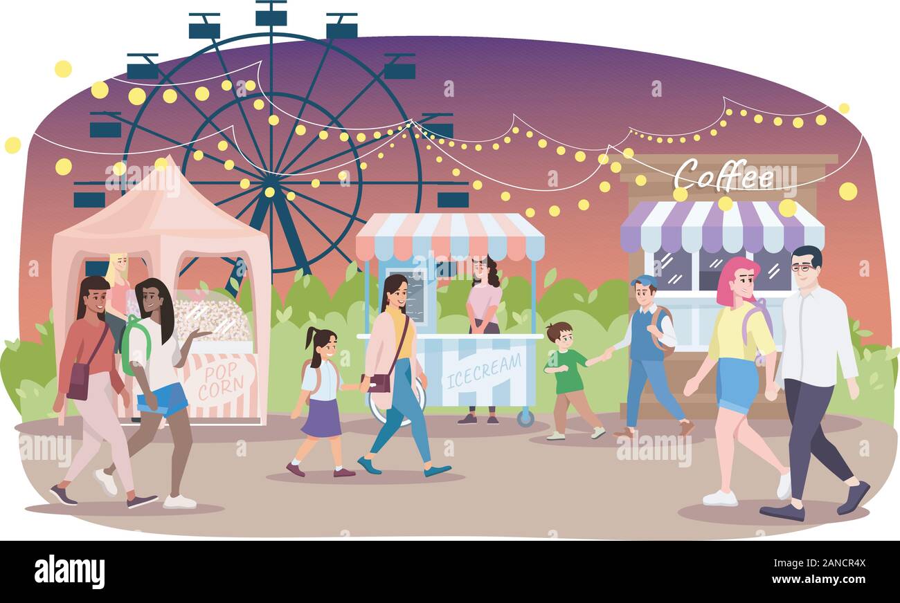 Fiera di notte piatta illustrazione vettoriale. La gente a piedi street market i personaggi dei cartoni animati. Festival, luna park, evento city, il parco dei divertimenti di bancarelle prodotti alimentari. Popcorn, Illustrazione Vettoriale