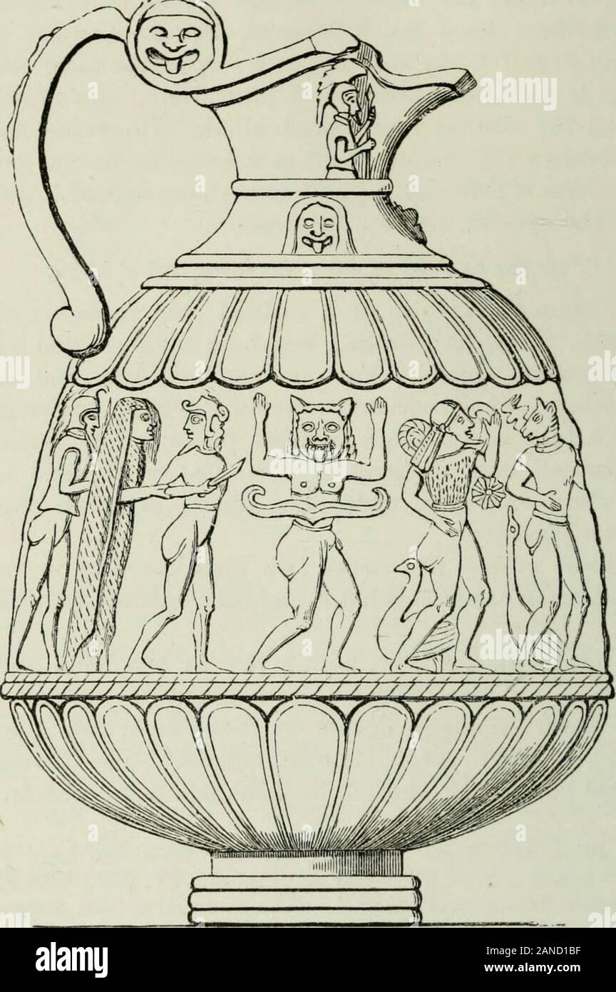 Le città e i cimiteri di Etruria . ct nel Museo di Volterra, Ut supra, in arte etrusca, come è dimostrato dagli atti - p. 117, n. 4. tudes, piena volti e rlow di drappeggi. Il 6 la patera in queste scene, è stato cesoia sembrano anche un adozione dal greco presi da un fantasioso scrittore, le sue teorie favola, se allude alla Atropo, che distorcono la sua visione, per rappresentare una nautica taglia il filo della vita filato fuori dalla sua bussola ! Etruria Celtica, II. p. 270.La sorella Clotho, o di Proserpina, che taglia 318 CHIUSL-città. [CHAPi LIII. Ci sono alcuni leoni sepolcrali couchant e una coppia di SPH Foto Stock