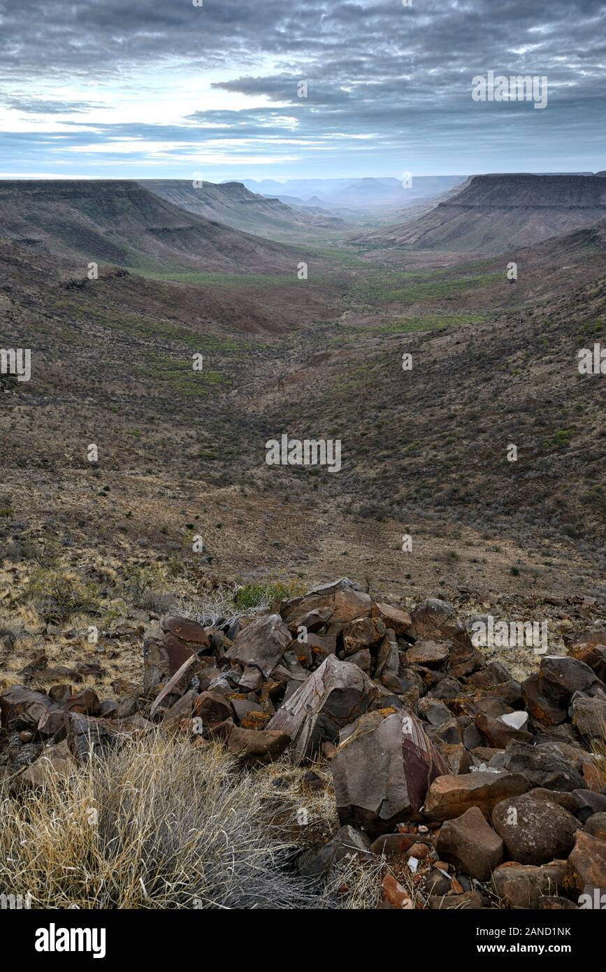 Vista dal Grootberg lodge,si affacciano,affacciato,Grootberg plateau,affacciato sul Klip lungo la valle del fiume Kunene,regione,arib scrub deserto,paesaggio secco,Ugab Foto Stock