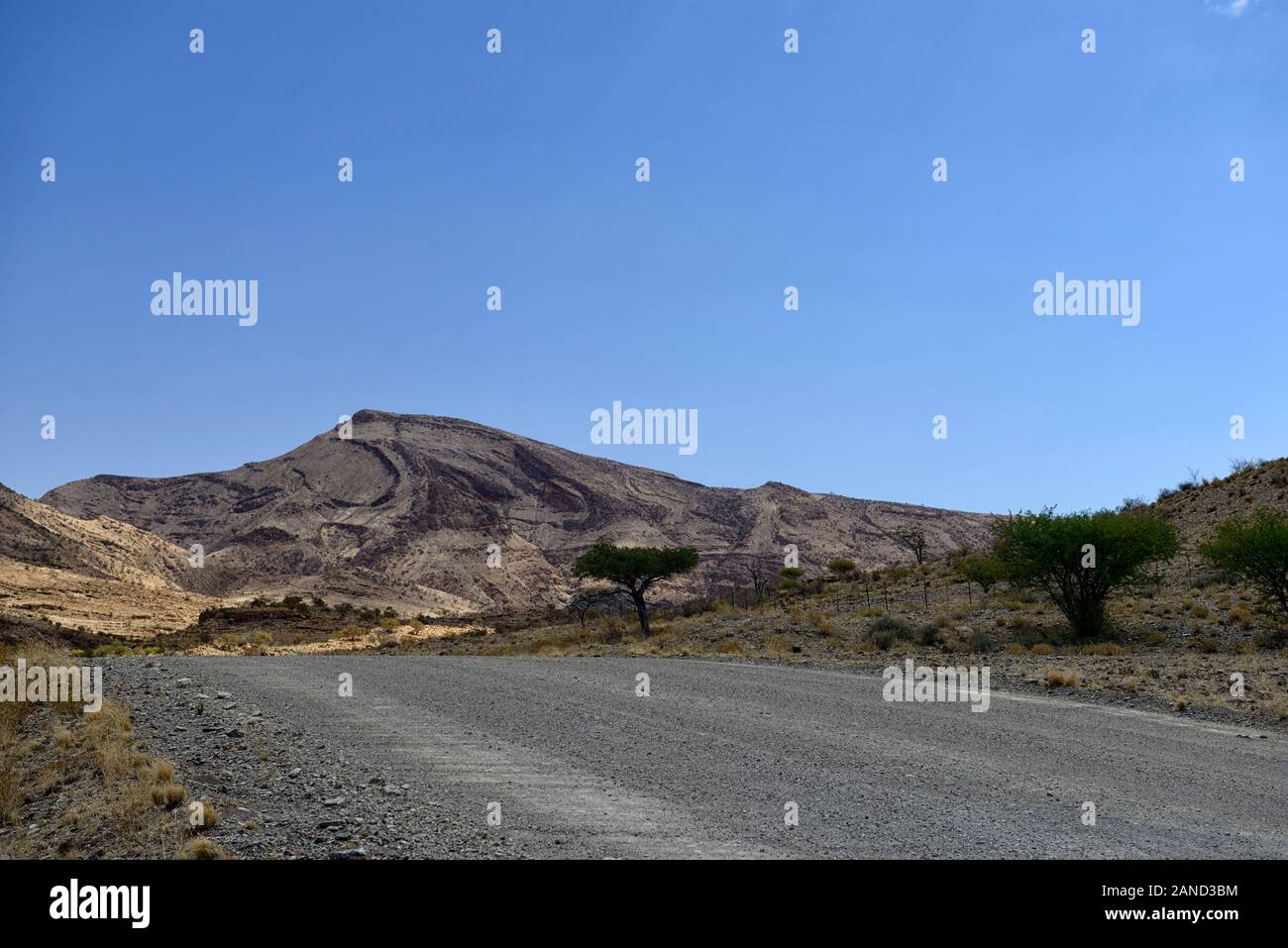 Strada sterrata,strada di ghiaia,strada sterrata,Naukluft Mountain Zebra Park,asciutto,arido,scrub,macchia,deserto,Namibia,RM Africa Foto Stock