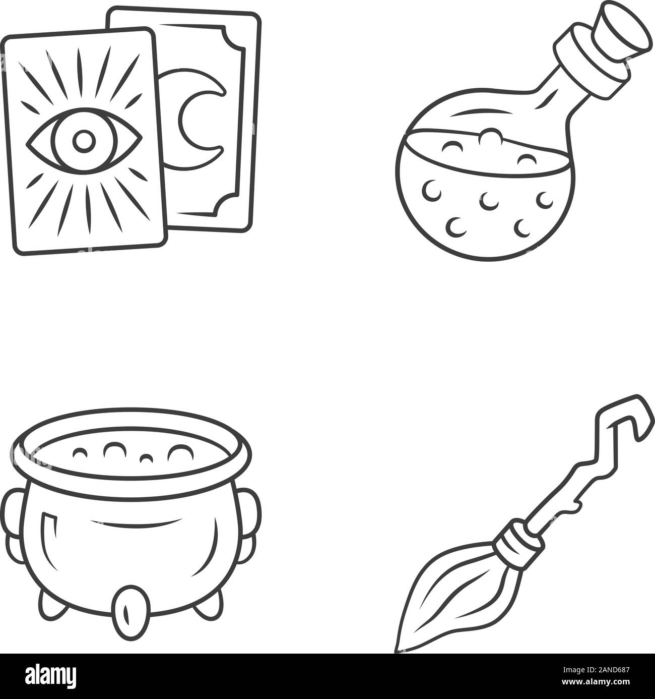Magic lineare set di icone. Le carte dei Tarocchi, pozione, strega calderone e manico. La stregoneria e stregoneria oggetti Halloween. Linea sottile simboli di contorno. Isolare Illustrazione Vettoriale