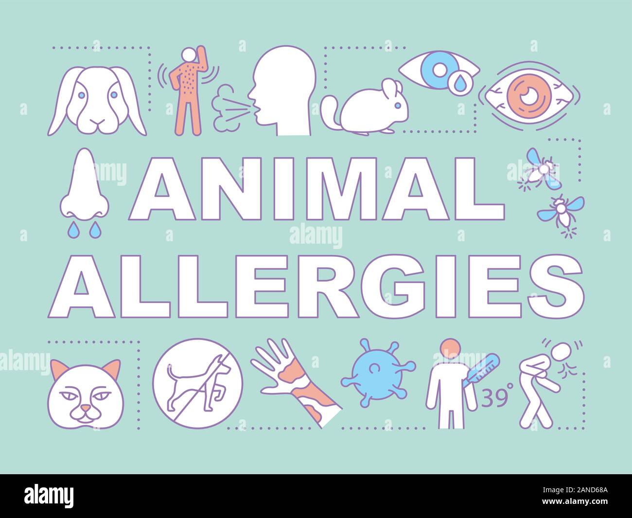 Allergie di origine animale i concetti di parola banner. Reazione allergica alle punture di insetti, animali domestici pelliccia, saliva, forfora. Presentazione sito web. Lettering isolato typogra Illustrazione Vettoriale