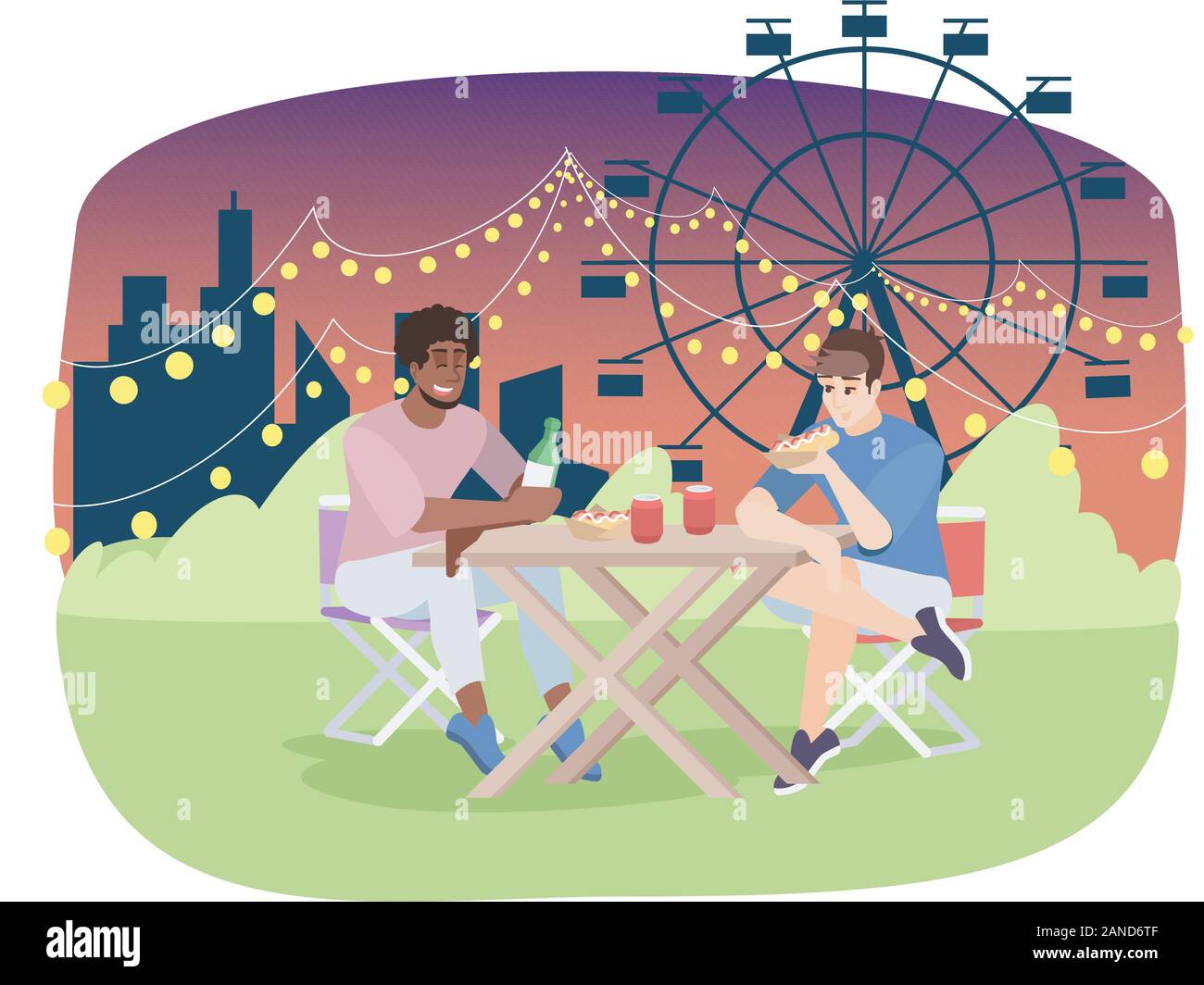 Gli amici di mangiare la pizza alla fiera flat illustrazione vettoriale. City Park, il summer festival, notte fiera outdoor cafe. Amici di sesso maschile, uomini su cartoon picnic Illustrazione Vettoriale