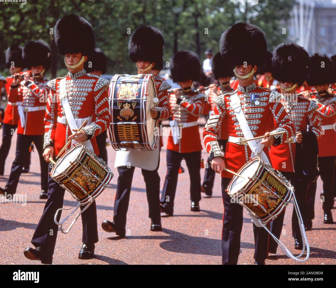 Royal Granatiere guardie Marching Band sul Mall, City of Westminster, Greater London, England, Regno Unito Foto Stock
