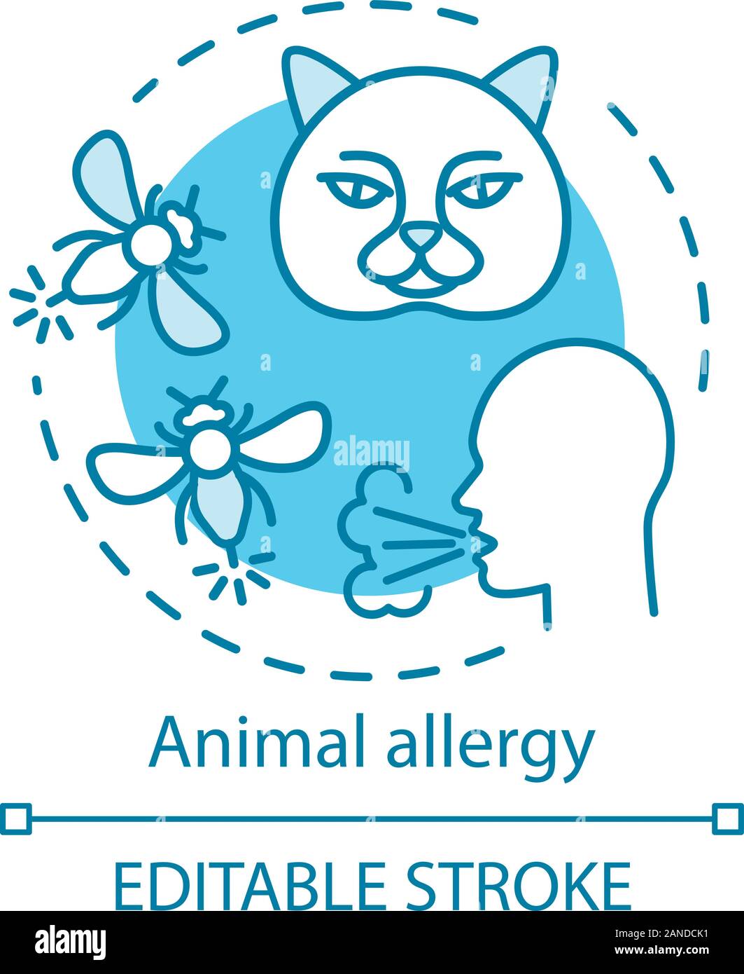 Allergia animale concetto icona. Reazione allergica alle punture di insetti, gatti pelliccia, saliva e forfora. Gli allergeni Pet idea di sensibilità sottile linea illustrazione. V Illustrazione Vettoriale