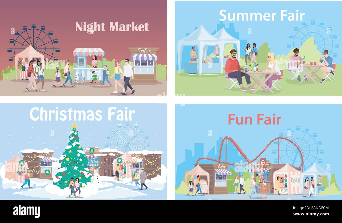 Il mercato giusto flat illustrazioni vettoriali set. Notte estiva e Natale Mercatini banner design. Locali all'aperto, negozi e caffetterie su fairgroun Illustrazione Vettoriale