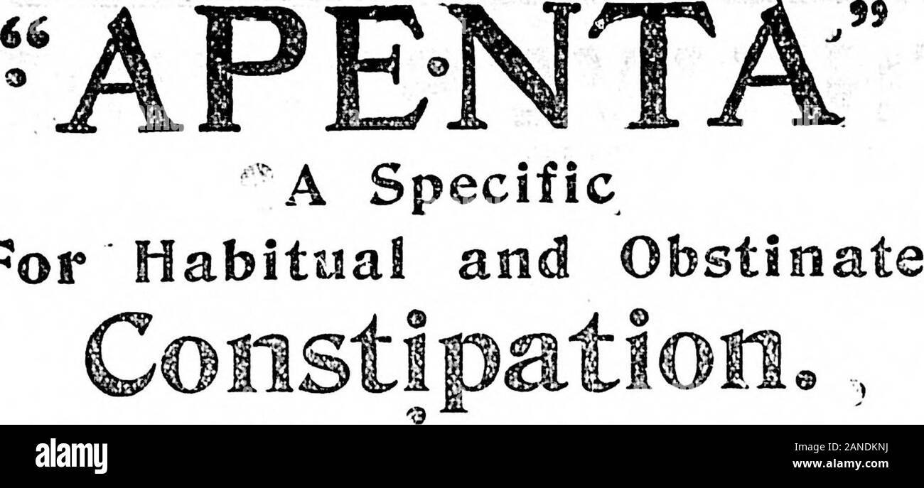 Daily colono (1901-03-15) . Prezzi a partire da §35 verso l'alto 4i Government Street. VICTORIA DATLY COLONEST,, FEIDAY, Marzo 15, 1901 i. Per dopo la prima dose completa di APENTA, prese nelle prime morena;(seguita magari da un po' di acqua calda, o calda cofTee o tè), smallercloses può essere perseverato con, gradualmente in quantità ridotta, a intervallidi un giorno o due, fino a quando la stipsi abituale è di superare completamente.Ulteriori indicazioni dal Regno Agency Co., Seymour Building, New York,Ajjents del Apollinaiis Co., Ld., Londra. Votato verso il basso (continua da lage cinque.) pudiuted iis promette in che Foto Stock