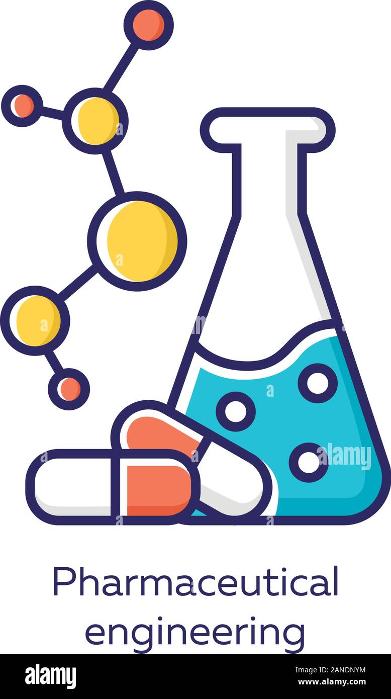 Ingegneria Farmaceutica colore icona blu. La formulazione di farmaco. Ingegneria chimica. Farmaco di controllo di qualità. Pallone, molecola, capsule. Pharmacolog Illustrazione Vettoriale