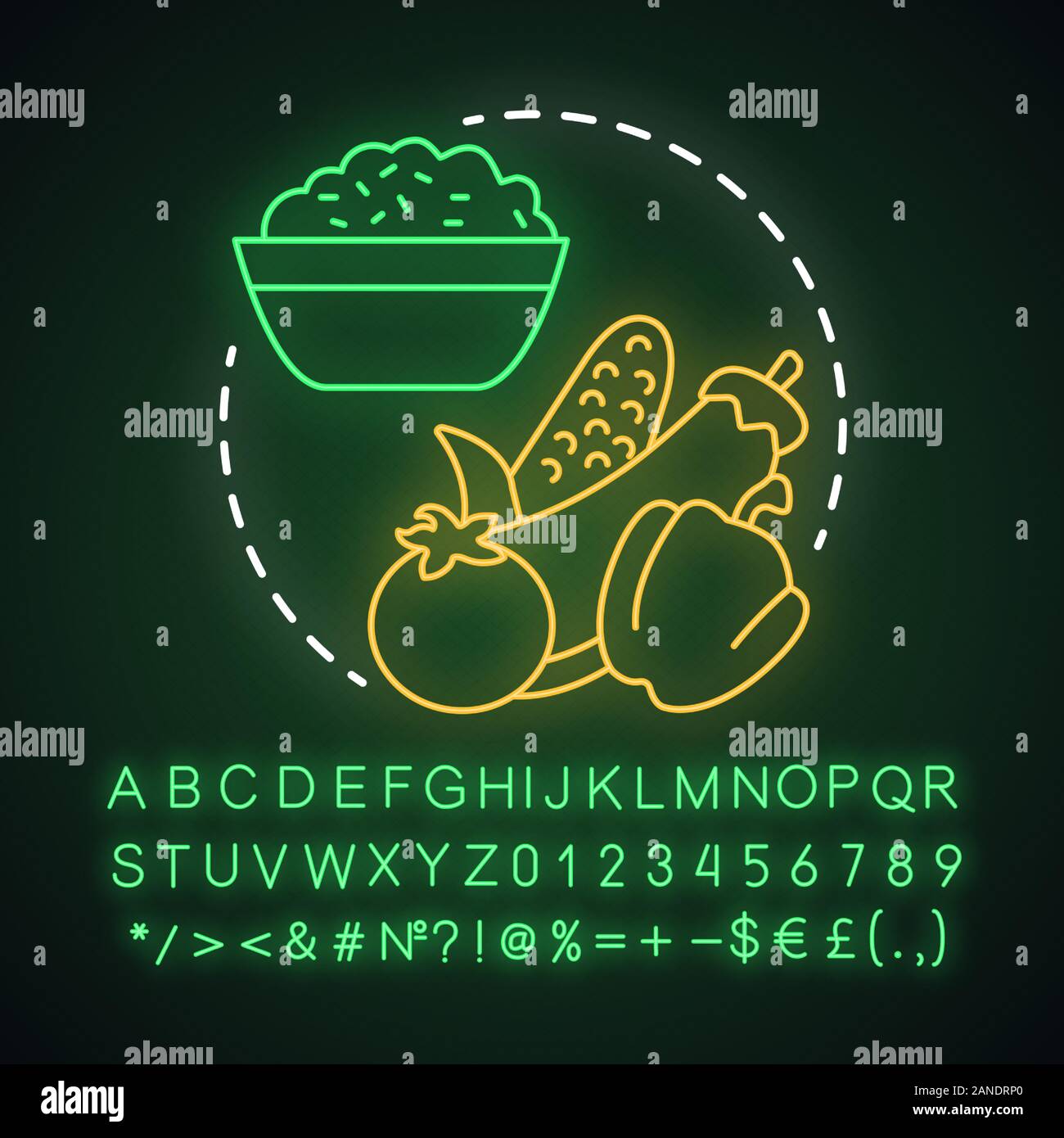 Pranzo vegano luci al neon concetto icona. Nutrizione sana, stile di vita vegetariano idea. Segno incandescente con alfabeto, numeri e simboli. Porridge con materie Illustrazione Vettoriale