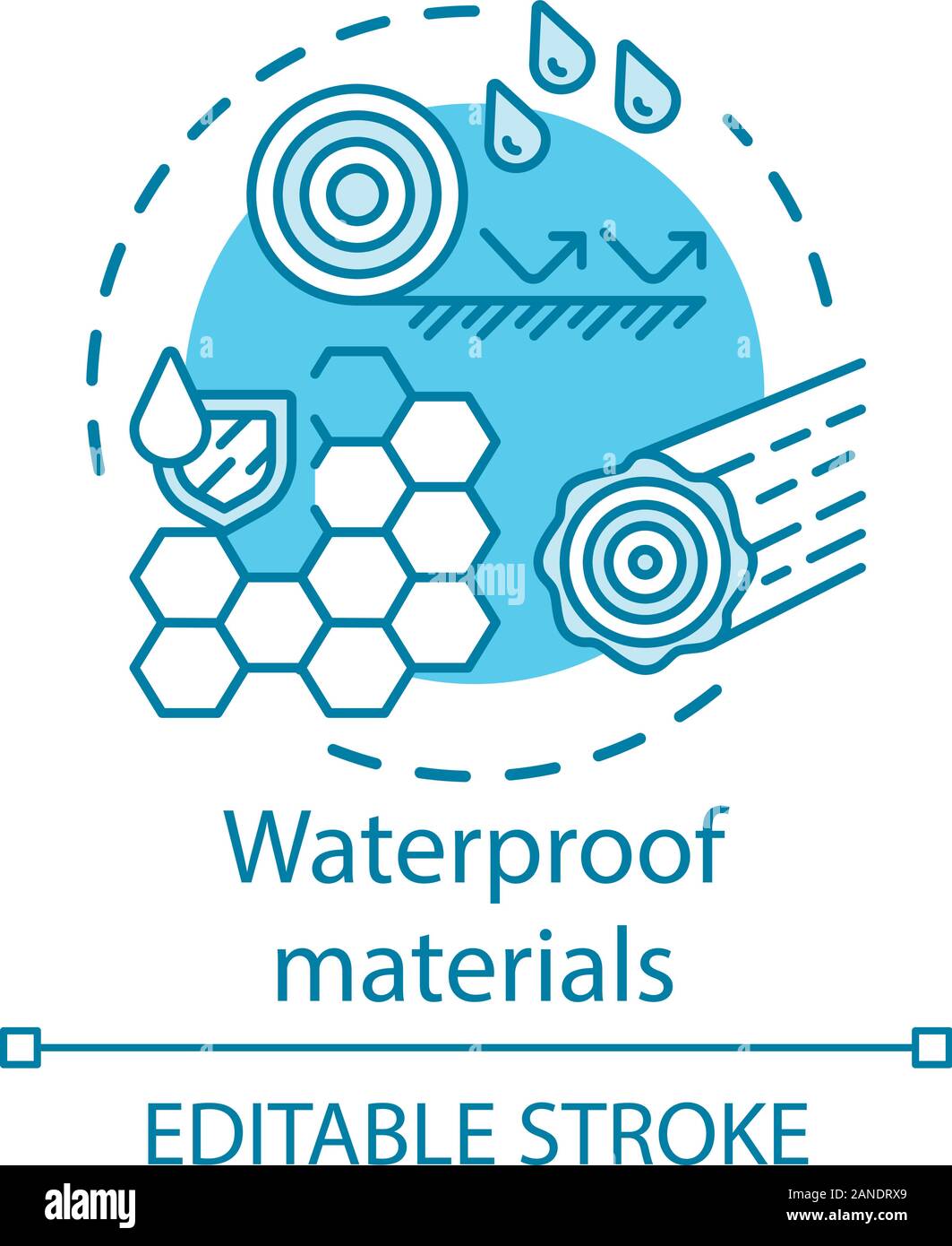 Materiali resistenti all'acqua concetto icona. Sostanze impermeabili idea sottile linea illustrazione. Cerati, sostanza idrofoba con le gocce di liquido. Vector isol Illustrazione Vettoriale