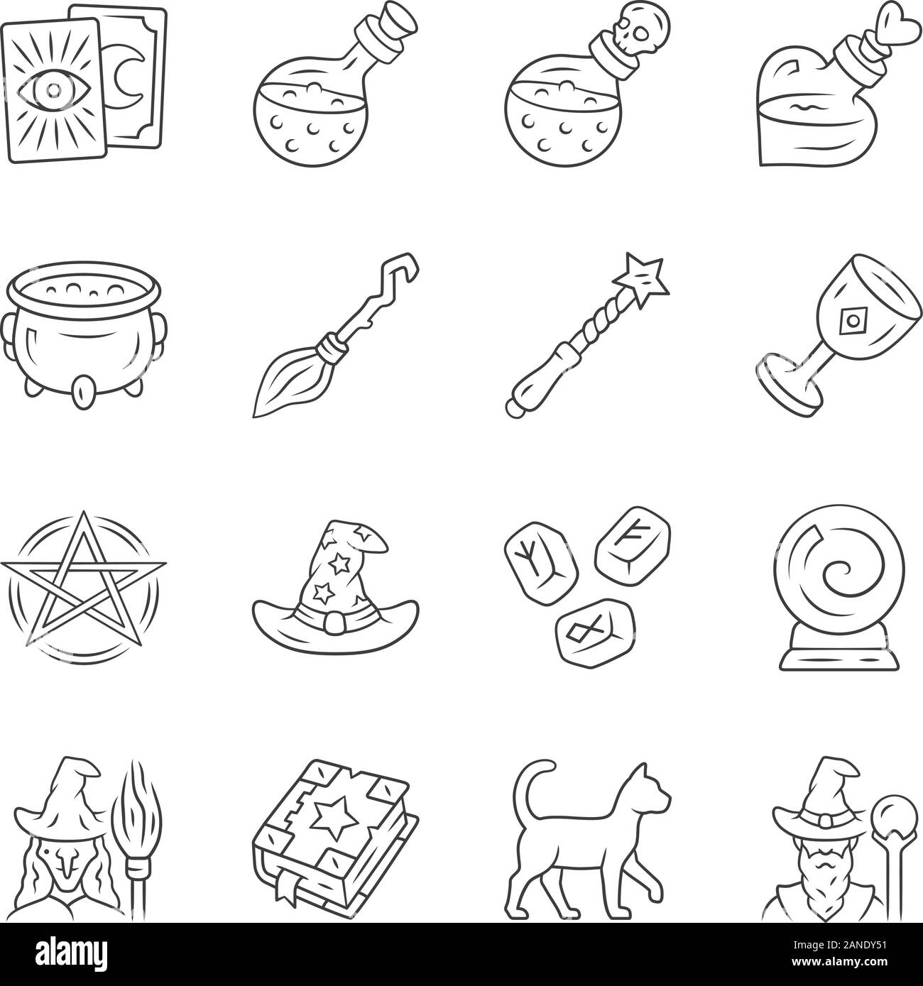 Magic lineare set di icone. Voci di stregoneria. Occulto, gypsy mistico strumento rituale. Fortune raccontare, divinazione. Le superstizioni e previsioni. Linea sottile simbolo Illustrazione Vettoriale