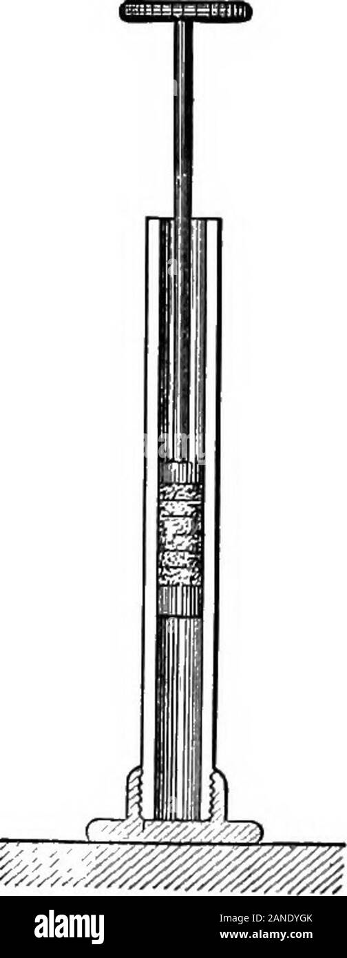 I contorni della fisica: un testo elementare-libro . sizione mostrato nella figura,con la pompa inserito verticalmente nel cono superiore. Da affollano il N02-zle della pompa saldamente verso il basso nella thecone, un piccolo volume di aria è trappedabove la faccia superiore della pila. Tale aria viene compressa dalla azione della pompa. (C) il lavoro della pompa rapidamente, ma con cura, osservando il galva-nometer. Sarà trovato che quest'ultimo risponde agli evei-y corsa, eche la deflessione è nella direzione che corrèze-sponds al riscaldamento della faccia superiore della pila. 172. Il fuoco Sjrringe. - Un altro apparato formof Foto Stock