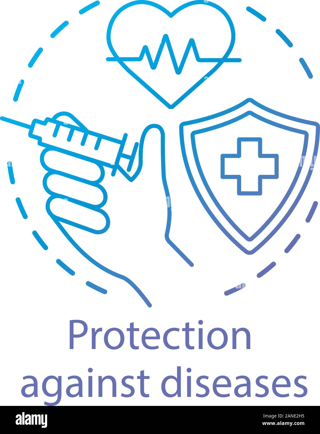 Protezione contro virus, malattie concetto icona. Idea di vaccinazione sottile linea illustrazione. Uno stile di vita sano, inoculo .scudo con la croce, la siringa Illustrazione Vettoriale
