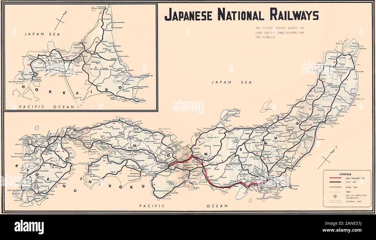 Giapponese Ferrovie Nazionali sistema mappa dal passeggero efficace pianificazione 1964-10-01, che mostra la nuova linea Tokaido Shinkansen line (in rosso) e linee convenzionali. 1 Ottobre 1964 Foto Stock