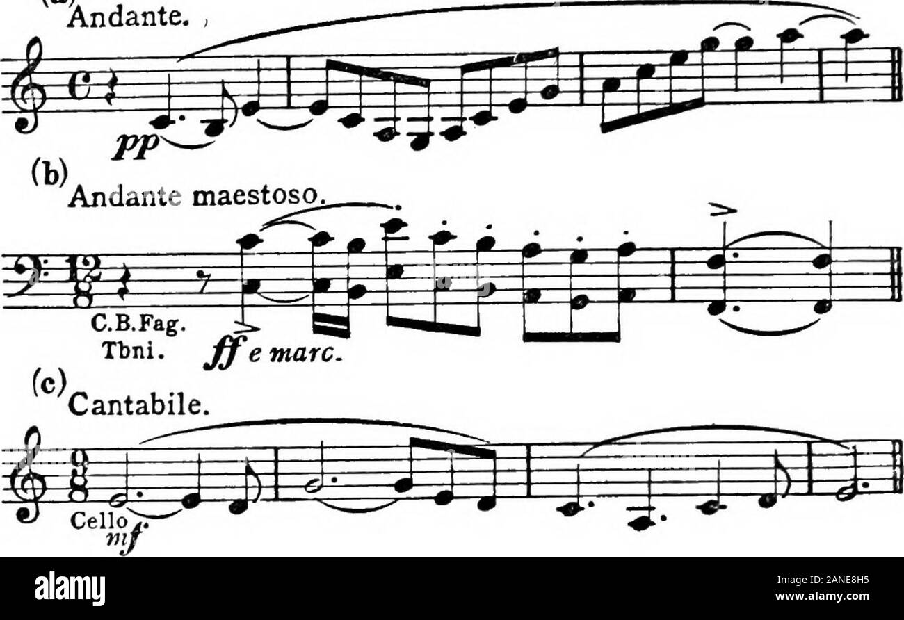 Armonia moderna, la sua spiegazione ed applicazione . Es muss sein! Ma Berlioz temi associati con idee precise nella storia M . o la scena che egli ha voluto illustrare. Liszt morpbosb raggiunto una più stretta unione con la fondazione di quasi tutti i suoi temi, temi e movimenti sul suo capo un soggetto o su geniale metamorfosi di esso. Gli esempi seguenti wiU rendono il suo metodo chiaro:- 184 Ex.391. (A)Andante. , Moderno armonia Liszt, Les Preludi.. Liszt aveva un fii-m presa sui grandi principi della forma ascoherence e raccolse i suoi temi a chiudere con con-siderable potenza. Testimoniare la finale se Foto Stock