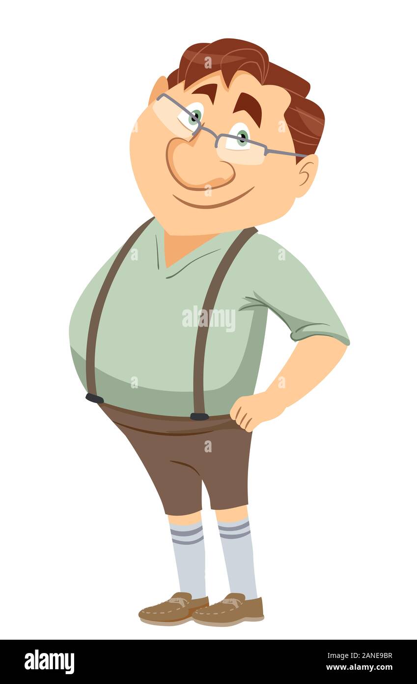 Illustrazione dei buoni vecchi giorni metafora, un uomo anziano che indossa pantaloncini ponticello, calze lunghe e occhiali Foto Stock