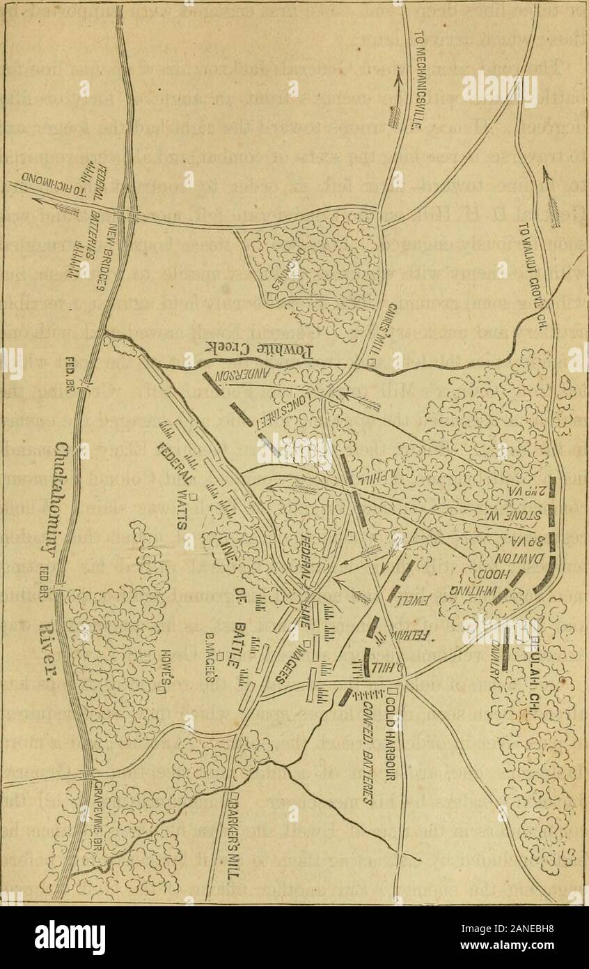 La vita e le campagne di Lieut.-GenThomas JJackson, (Stonewall Jackson) . è stato coronato con numerousbatteries, proiettato dalla zona ristretta di alberi, commandedevery approccio alla posizione. Ultimo, ar numero di pesanti, rifledcannon su alture a sud del Chickahominy, protectedthe estrema sinistra e minacciato di enfilade qualsiasi truppe advancingacross aperta campagna per l'attacco. Queste formidabili disposi-zioni wereonly descritto per i Confederati dalle loro actualonset, in modo tale che la manovra è stata esclusa, e il solo resort wasto testardo coraggio e forza principale. E fu solo su GeneralJac Foto Stock