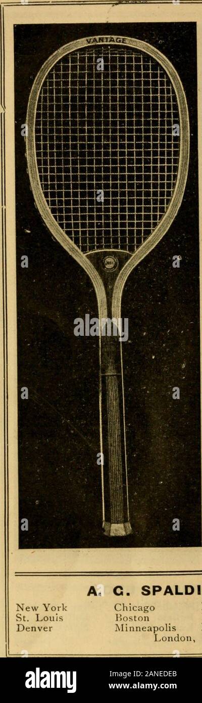 Come giocare a palla di base . DING & BROS. New York Chicago Philadelphia San Francisco San Louis Boston Buffalo  Baltimore Denver Minneapolis Kansas City Montreal, Can. Londra, Inghilterra SPALDINGS RACCHETTE DA TENNIS Slocum il vecchio modello popolare come everFrame selezionato di ceneri bianche,altamente lucidato, ammenda qualitymain stringhe e rosso mogano crossstrings gola pezzo,pettinati manico in mogano,cuoio tappate. No. 9. Ogni, $4.00 Slocum Junior vecchio modello e molto popolare.Frame di altamente lucidato whiteash con noce lucido throatpiece pettinati manico in mogano,cuoio tappate. Strung con allwhite ottima qualità gut. Foto Stock
