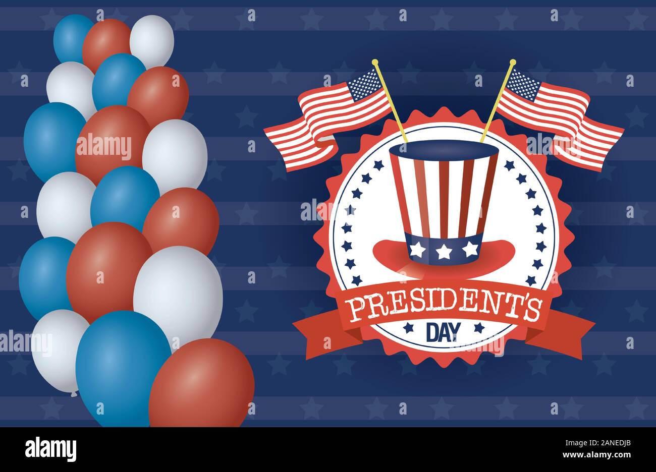 Presidenti day poster con usa tophat e bandiere Illustrazione Vettoriale