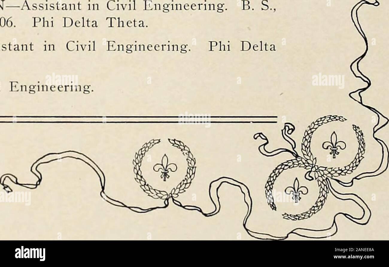 I detriti di Purdue . gineeriuR.I!. S.. Università di Purdue, 1902; C. V... 1904. Gli Stati, e Cliairman 4 Facoltà della Scuola di Ingegneria Civile ha continuato di ilic Railroad Comitato di Indiana Engineering Society;Jimior IVIeml)er della società americana di Ingegneri Civili; Mem-ber del American Railway Engineering e manutenzione di WayAssociation; Memljcr dell'Indiana Accademia delle Scienze. I. P&GT;. l^RENEMAN-istruttore di idraulica. B. S., PennsylvaniaState College, 1894; C. E., 1897. Sigma Alpha Epsilon. HERBERT HENRY SCOFIELD-istruttore nel collaudo Labora-tory. M. E., Cornell Universi Foto Stock