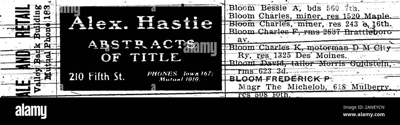 1903 Des Moines e Polk County, Iowa, Città Directory . e risparmiare denaro BTTssCharles A. lab. res 1.430 Grand av. B]t55-€T5rar-ErbTls- 644 ^Sth.^ - BlissrElla,tela^&Pr-rms^!027 Mul-Berry. - Bliss Etfa-;-cook, rms Glolie Hotel. Bliss Frank E. carp Charles WeitzsSons, res 1501 4° (S D MJ. Bliss Frederick M, res 044 ISth.Bflss Josialv. elk P O. res 609 3Sth. -BliSB-O-^VVT-tT-ft^-bflfH-TTArr-T-HYr-- - - Bliss Robert E, mngr Donley carbone Co,res 1531 Linden. 2. *? -8- •un-- sr o r a-&*  o ?£ us S fp-*?3 3 0&GT; JA Jos. ScMitz Brewing Company. La birra che ha reso famosa Milwaukee JOHN WEBER, Jr. / Chi Foto Stock