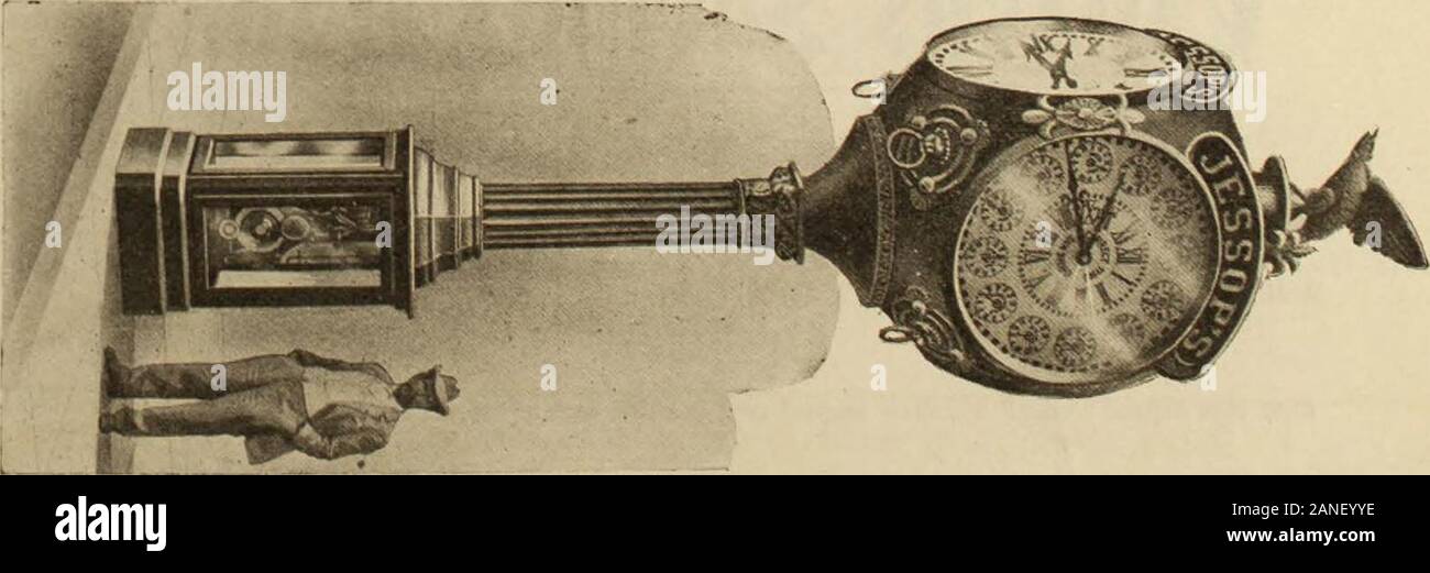 Rottura di massa Panama-California Exposition luglio 19-20-21-22 1911 . OTac WnnHorf III (^InrL ho ^è meraviglioso orologio, con venti compone, sorge twentv-uno piedi hie:h, e racconta simultaOail LMCgU 5 YYUIIUCI HO Ul UUlft neousIy il tempo di tutte le nazioni; anche il giorno della settimana, la data e il mese e segna i secondi. Quattro dei quadranti sono ciascuno di quattro metri di diametro. Il master clock è racchiusa in una lastra di vetro, in modo che ogni sua azione puòessere visto, e il tutto viene accesa ogni notte. Il clock è jeweled con tormalina, topazio e Agata e giada. I gioielli andevery parte di questo meccanismo di intricati Foto Stock