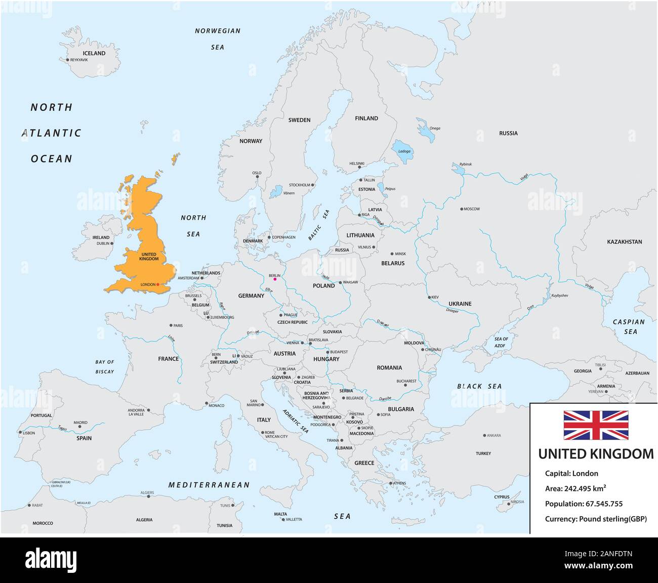 Ubicazione del Regno Unito sul continente europeo con una piccola casella di informazioni e flag Illustrazione Vettoriale
