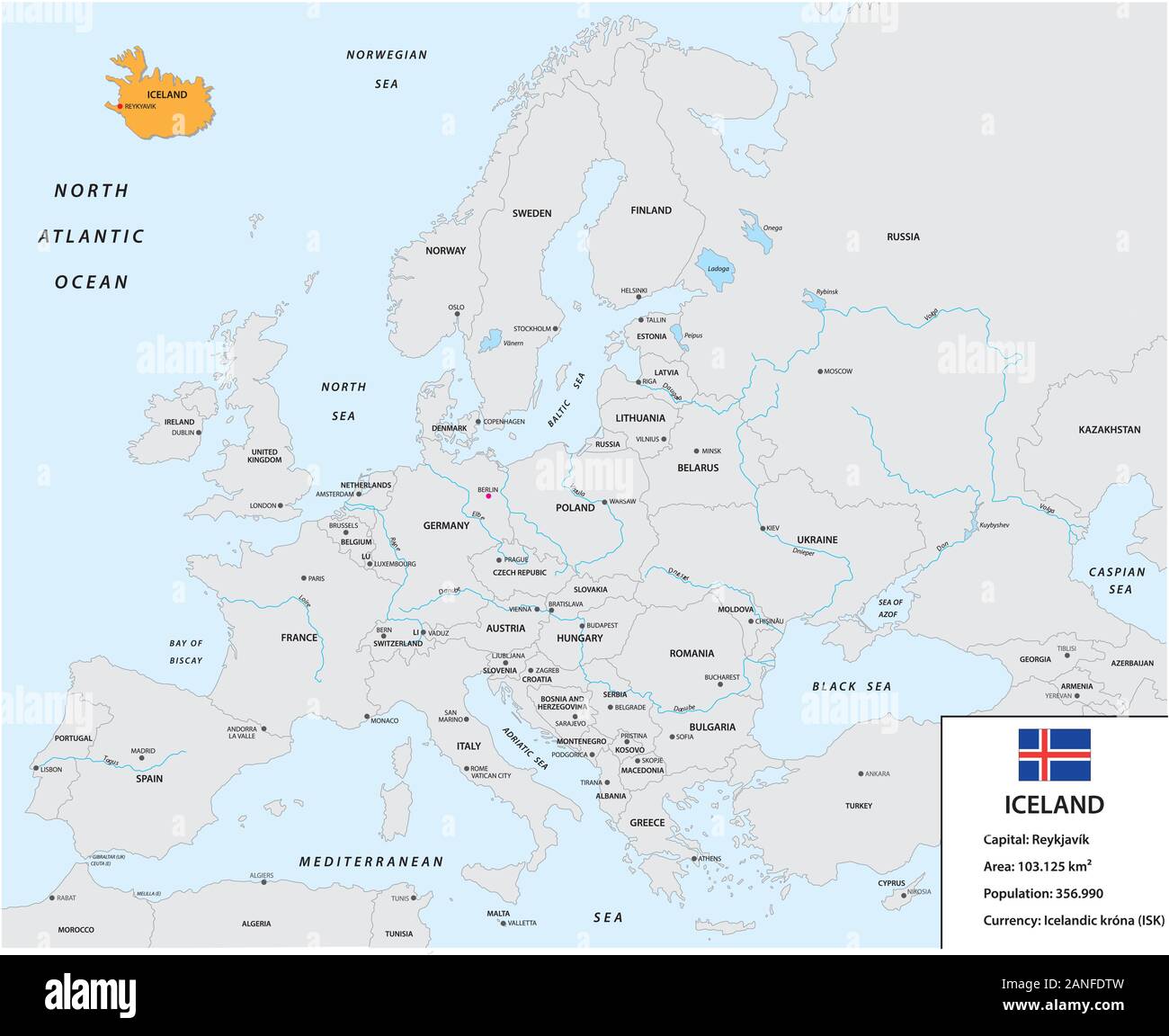 Posizione dell'Islanda sul continente europeo con una piccola casella di informazioni e flag Illustrazione Vettoriale
