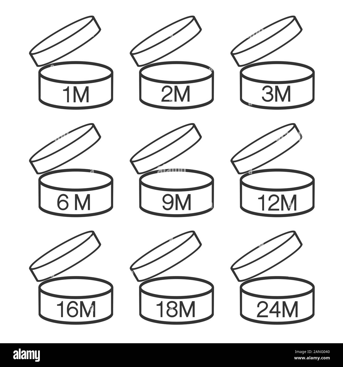 Periodo dopo l'apertura PAO set di simboli. Durata utile dei prodotti cosmetici dopo la confezione è aperta segno. Mesi di nero che rappresenta meglio prima di data. Illustrazione Vettoriale