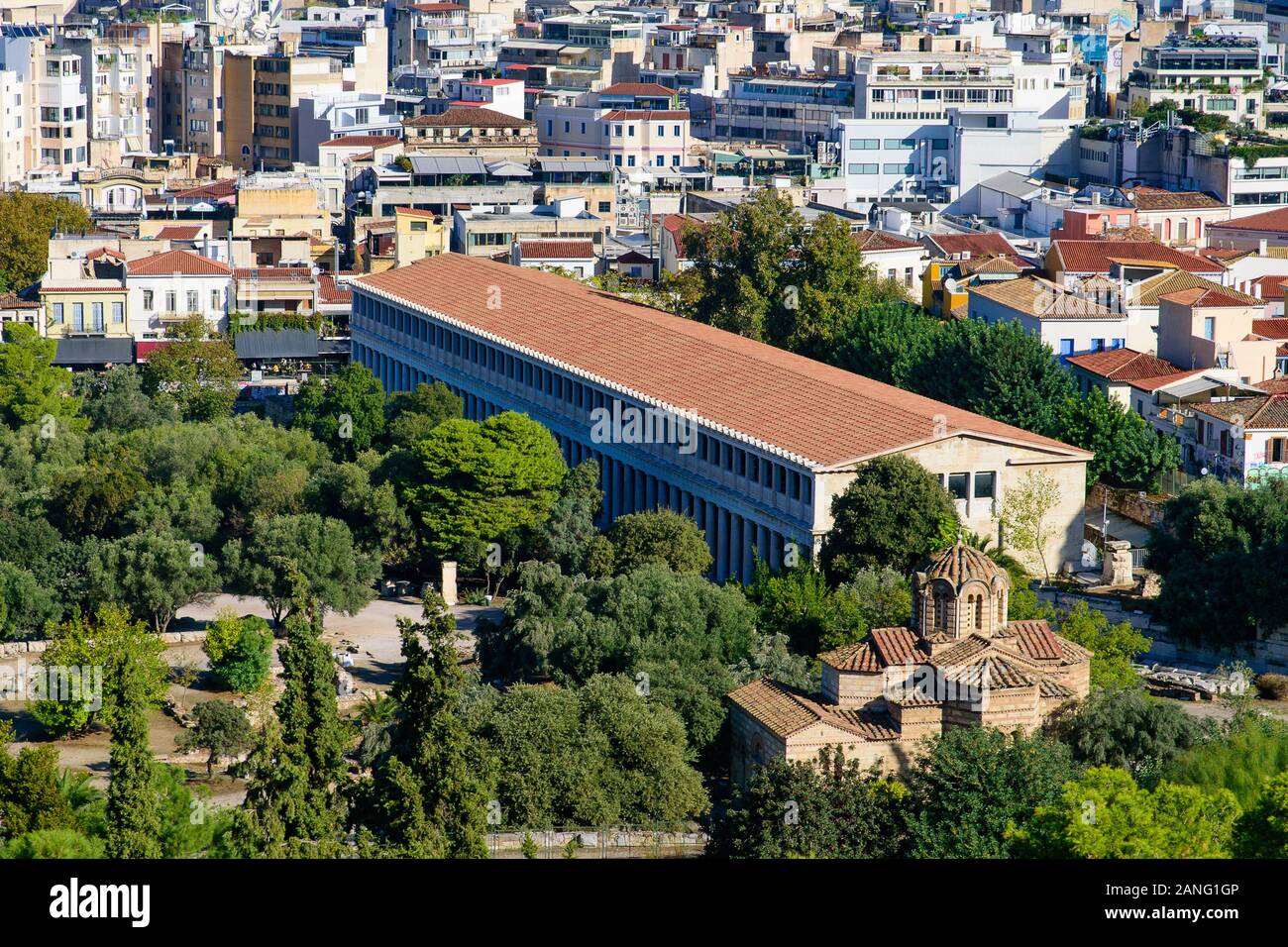 Vista aerea dello Stoa di Attalos ad agorà di Atene a Atene, Grecia Foto Stock