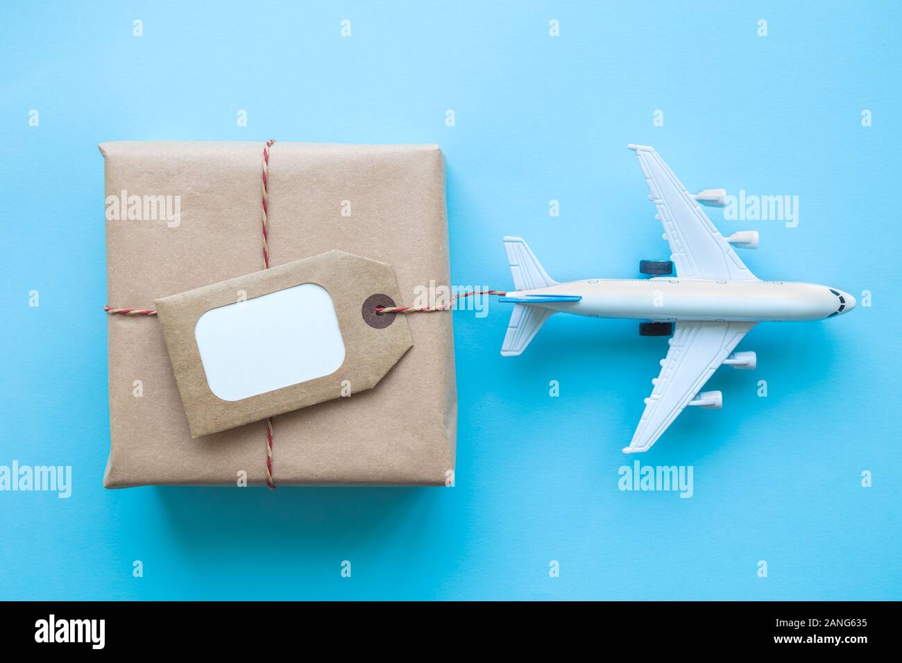 Piatto di laici confezione con etichetta vuota e modello di aeroplano pastello su sfondo blu. La logistica di spedizione minimo di trasporto concetto creativo. Foto Stock