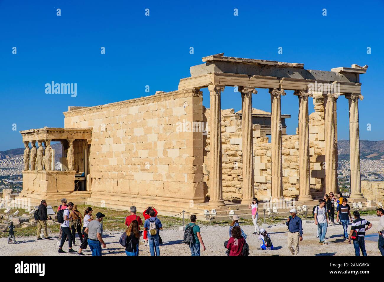 Eretteo (Erechtheum), un antico tempio greco all Acropoli di Atene, Grecia Foto Stock