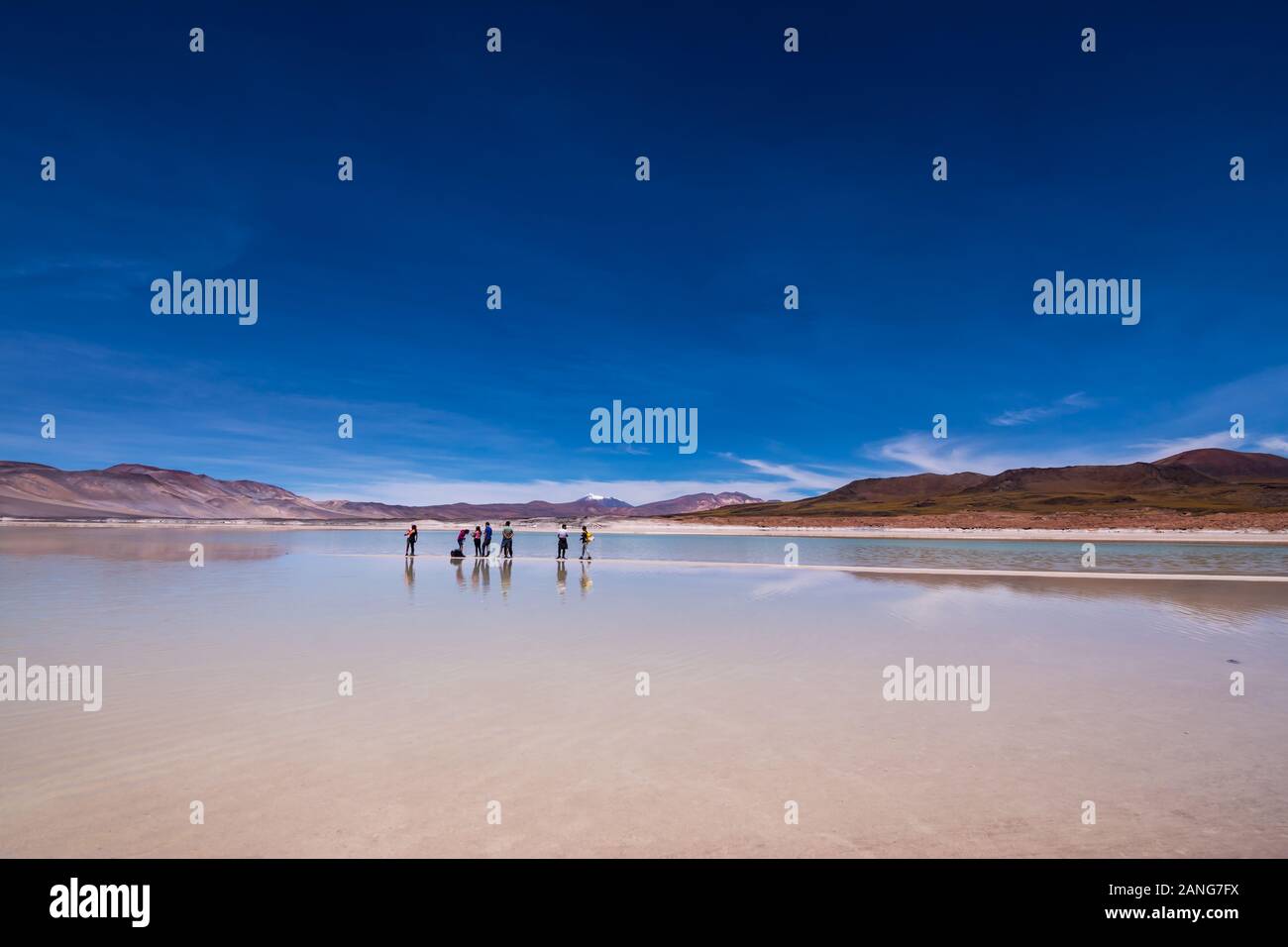 Persone in piedi su un piccolo promontorio nel mezzo di un mare di sale nel nord del Cile / deserto di Atacama / Salar Aguas Calientes con vista verso le Ande. Foto Stock