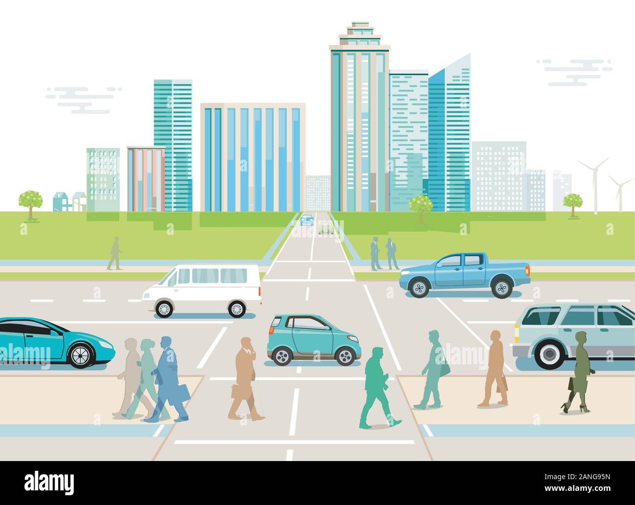 Città con il traffico e i pedoni sul marciapiede Illustrazione Vettoriale