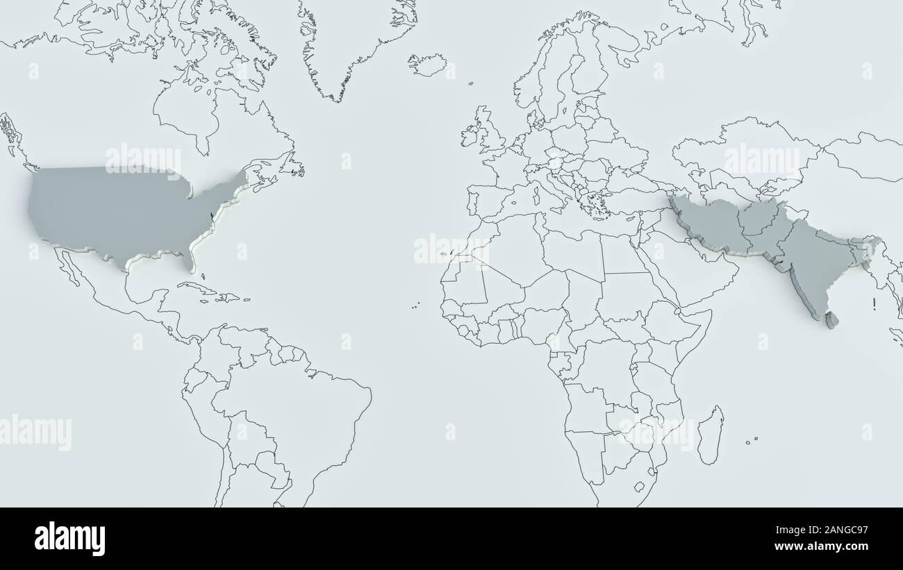 Gli Stati Uniti e il Medio Oriente sulla mappa del mondo - il rendering 3D Foto Stock