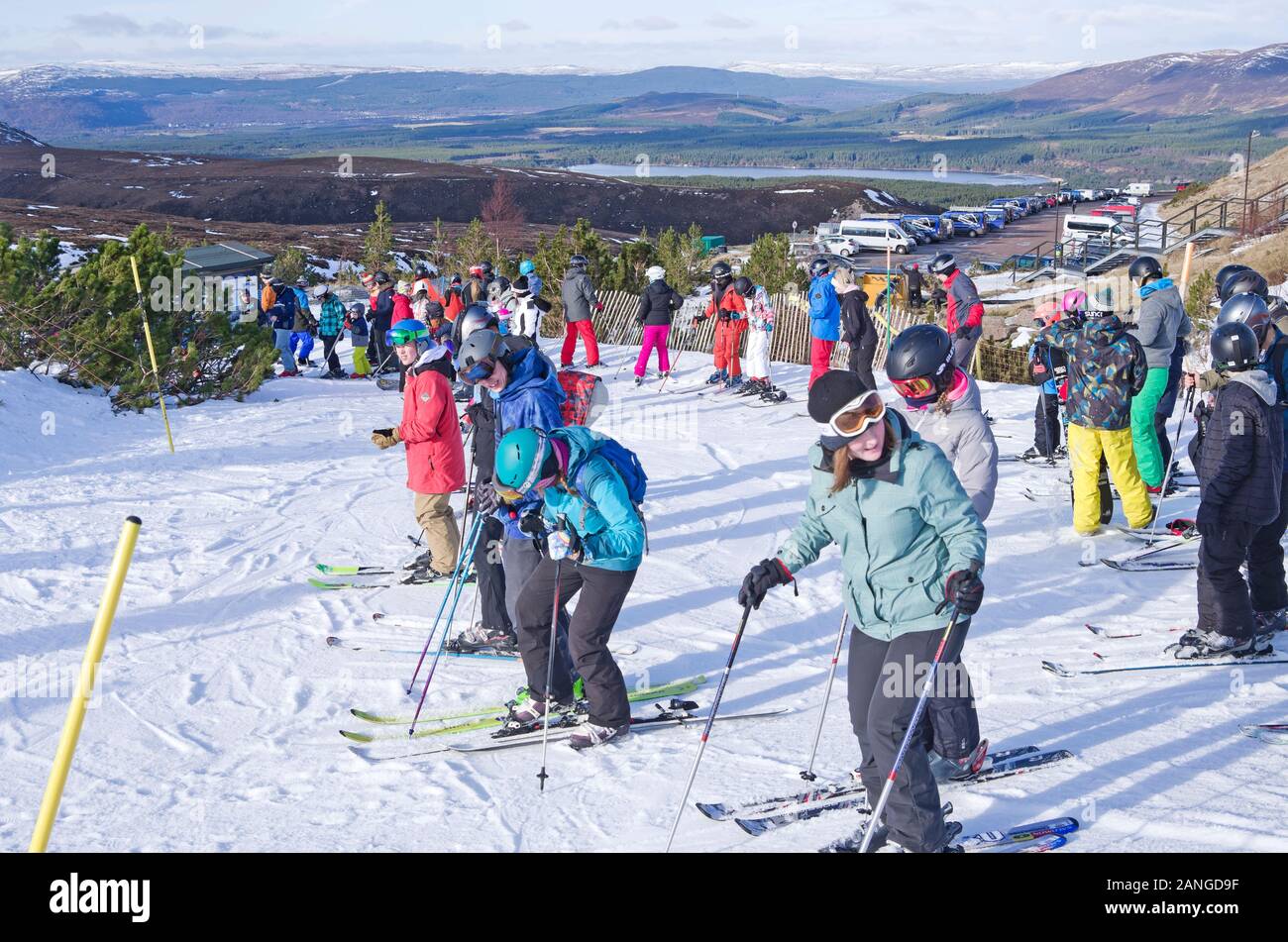 Sciatori e snowboarder in coda per lo sci di rimorchio al Cairngorm Mountain Ski Center, Aviemore, Cairngorm National Park, Scottish Highlands, Scozia UK. Foto Stock