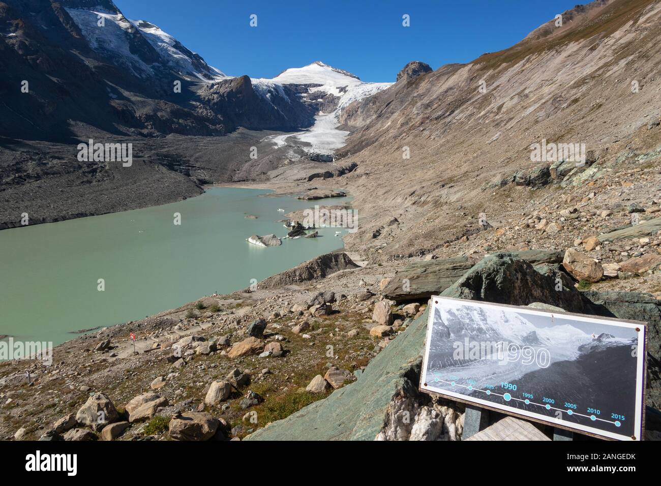 Glocknergruppe massiccio alpino. Il ghiacciaio Pasterze. Proglacial lake. Le schede di informazioni di livello glaciale confronto. Alpi austriache. L'Europa. Foto Stock