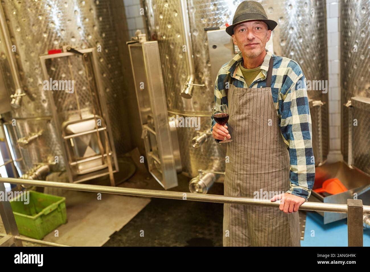 Enologo o di vino master con un bicchiere di vino rosso durante la vinificazione Foto Stock