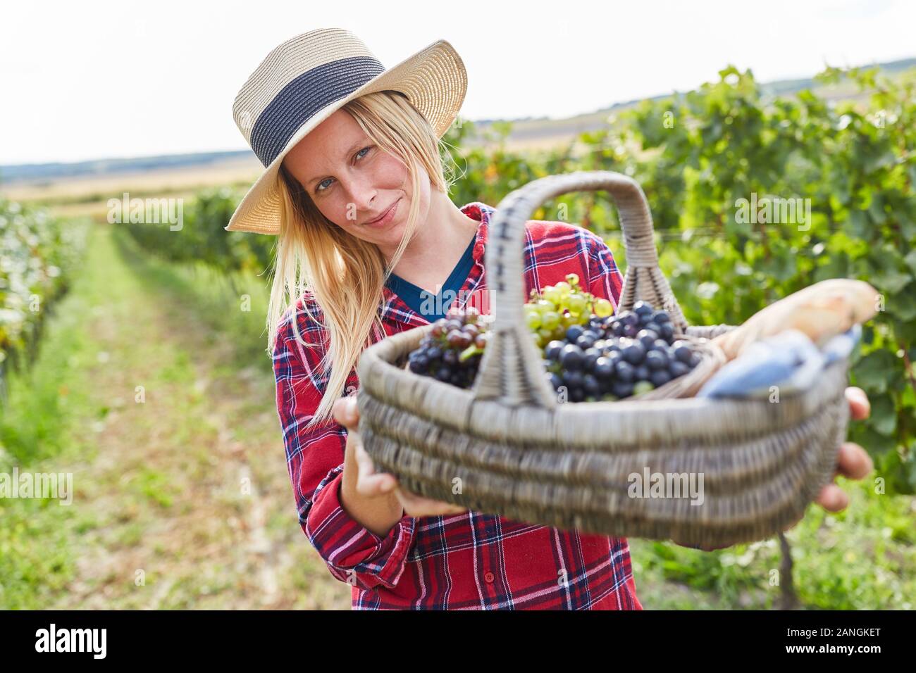 Giovane donna tenendo un cestino da pic nic con uve bianche e rosse, Foto Stock