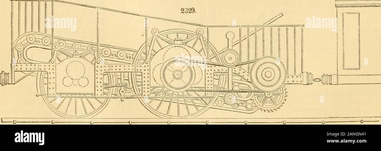 Appletons' encyclopaedia - Wikizionario di meccanica applicata: un dizionario di ingegneria meccanica e le arti meccaniche . su piste inclinate o modi. Il grembiule passa sopra e ruota il tamburo A che da un pignone turnsa sear, sull'estremità opposta dell'assale di cui è una ruota che è disciplinato o tenuto da un freno a leva. Le passeggiate a cavallo al passo-boards, e ciò fa sì che il grembiule di ruotare. La potenza è takenoff mediante cinghie adatte. Una simile disposizione di utilizzo di cavalli di potenza durante la guida di una vettura ferroviaria è rappresentato in Fig.. 2329, il dispositivo essendo denominato un impulsoria. Il movimento viene impartito dal movimento Foto Stock