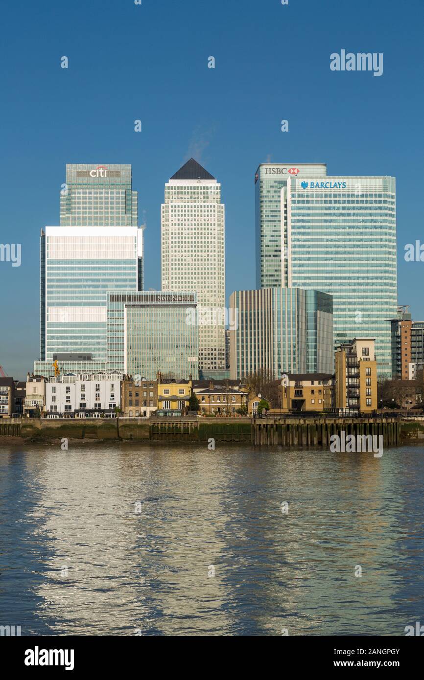 Canary Wharf skyline business district, banche, Londra, Inghilterra Foto Stock