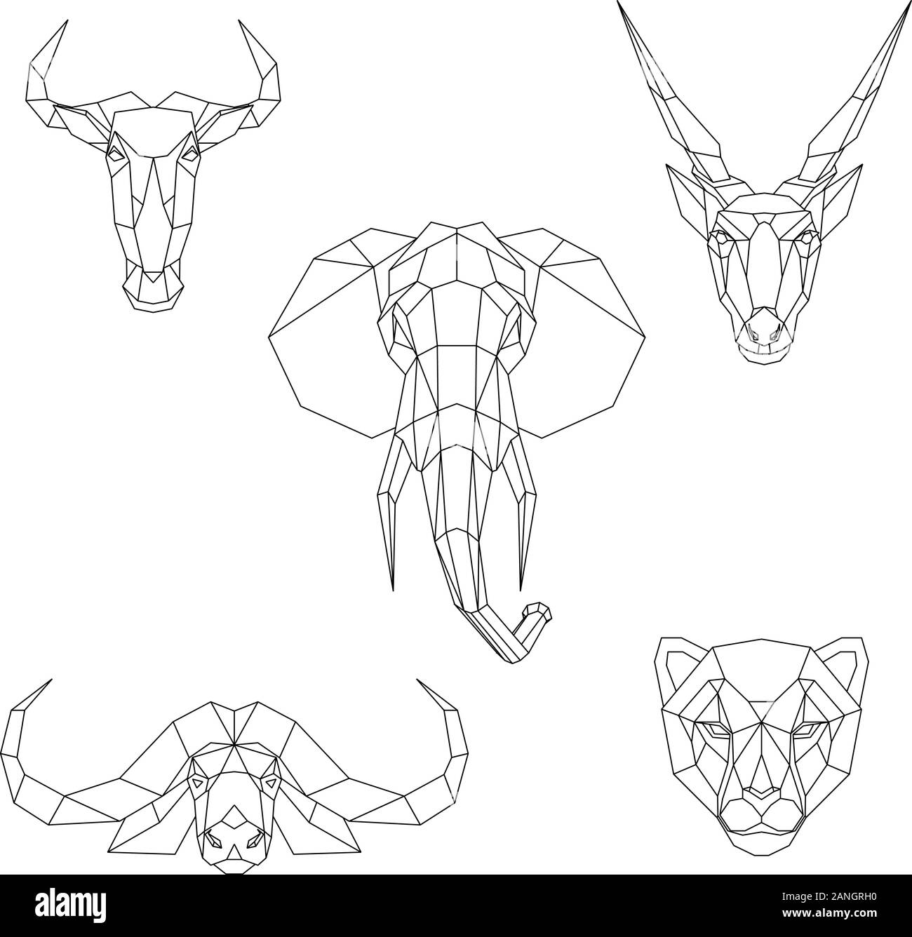 Set di poligonale di animali africani. Teste di geometrica di un azzurro GNU, bufali, ghepardo, eland antilope, elefante. Illustrazione Vettoriale. Illustrazione Vettoriale