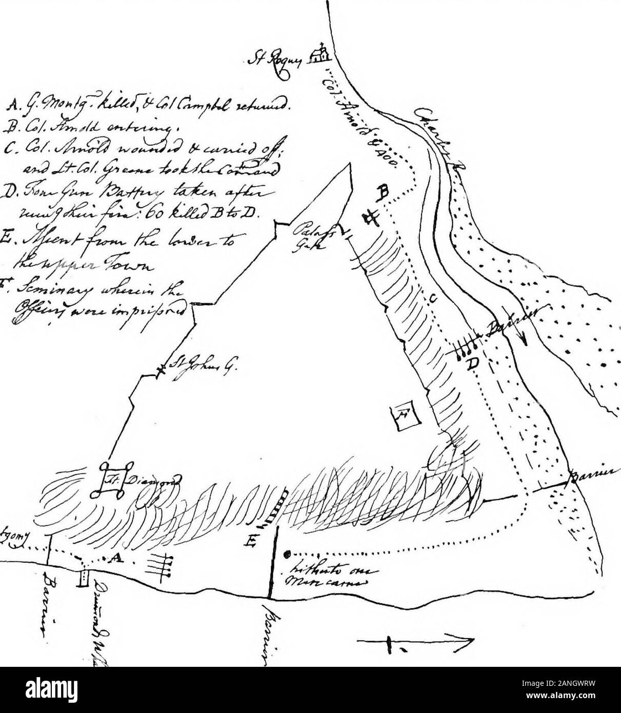 Il diario letterario di Esdra montanti, edunder l autorità della Corporation of Yale University . lace Gate. Gen. Montgomery aveva circa 400 &Col. Arnold 400. La notte del 30 Dic. Essendo molto burrascoso Neve & nevischio&c sono stati redatti nella prontezza. Col. Arnold era al segnale waitthe del cielo di razzi da generale, ma non ho mai visto un qualsiasi.Il generale superato round Cape Diamond, tirato giù con mano hisown un ostacolo Pallisado, & sfilavano sul pontile Drummonds.Ciascuna parte doveva affrontare quattro Canon variava lungo strade in theirfront. Il primo colpo ha ucciso il generale. Col. Arnold audizione theFireing giudicato il Foto Stock