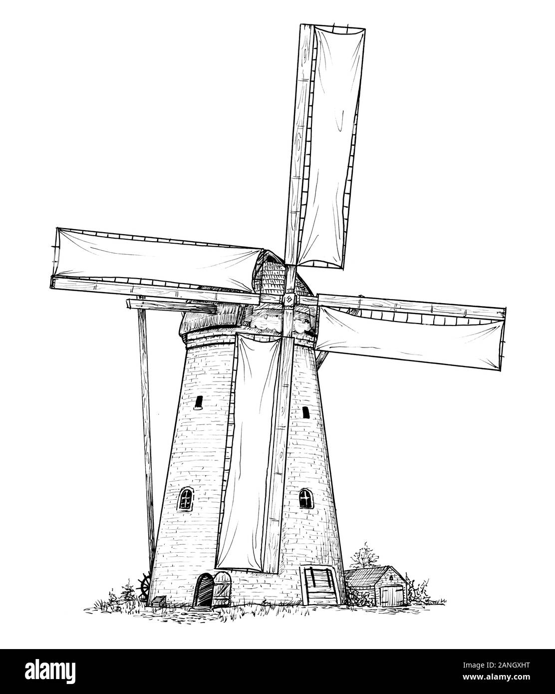 Disegno di classici del mulino a vento. Schizzo di architettura olandese, in bianco e nero illustrazione Foto Stock