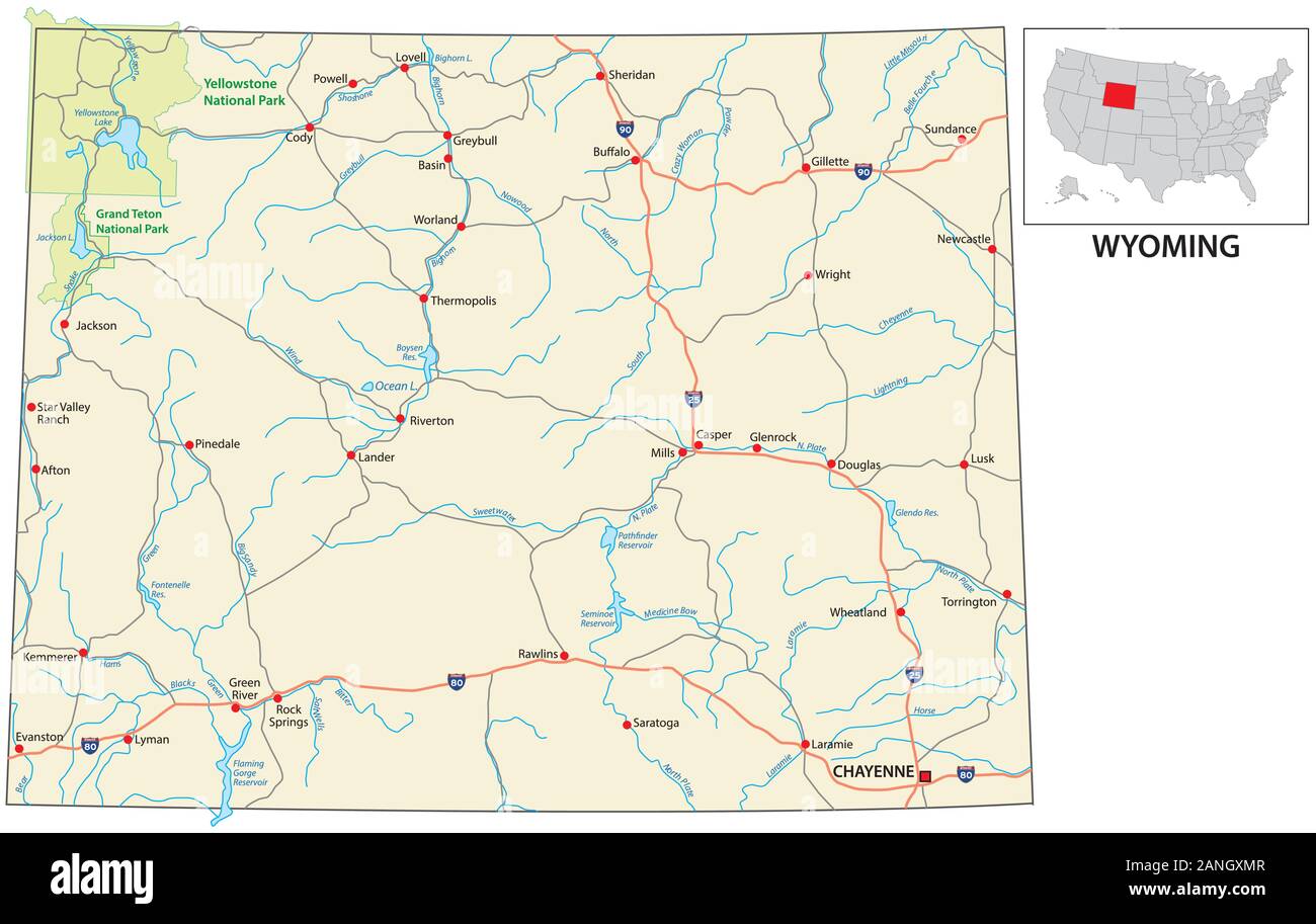 La mappa stradale di Stato americano del Wyoming Illustrazione Vettoriale