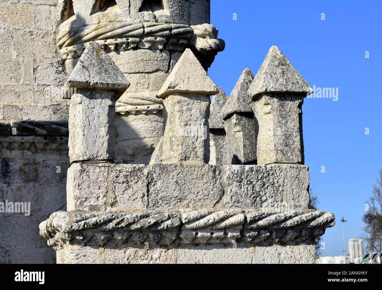 Dettaglio torretta sulla Torre Belem, Belem, Lisbona, Portogallo Foto Stock