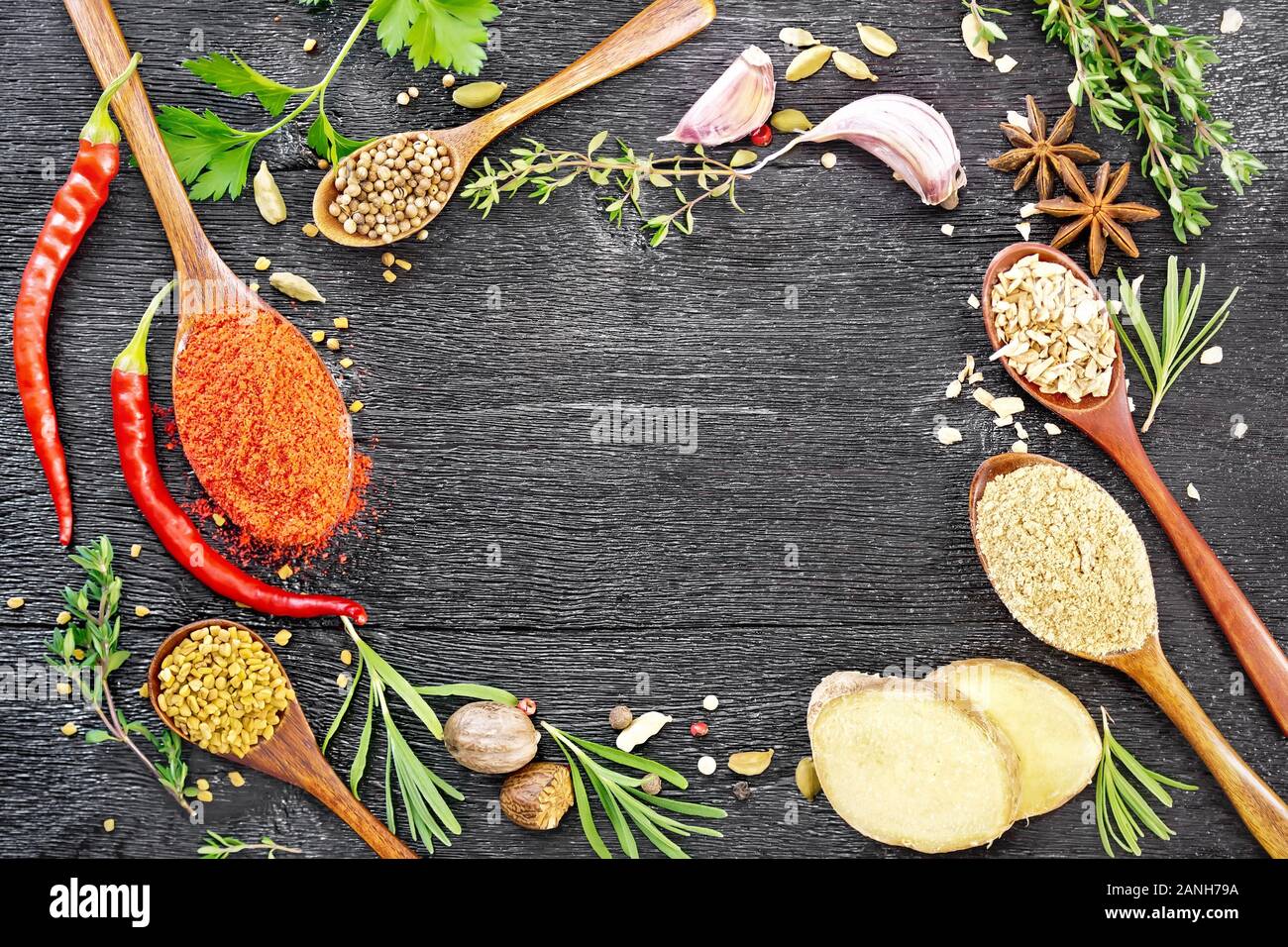 Telaio di cucchiai con pepe macinato, fieno greco, zenzero e coriandolo, rametti di rosmarino fresco, il timo e il prezzemolo, baccelli di peperoncino, cardamomo, anice, nu Foto Stock