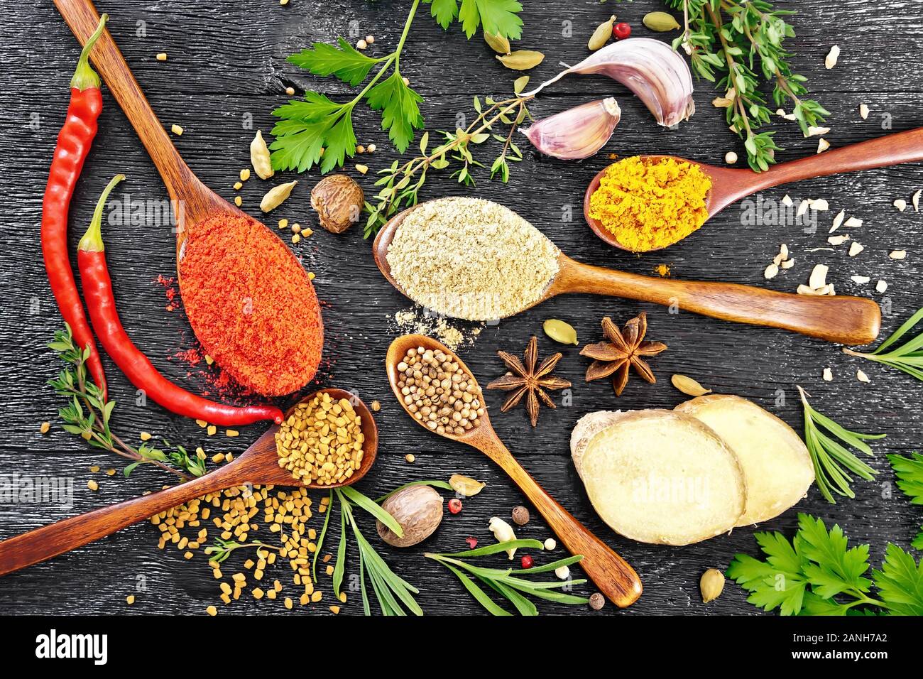 Peperoncino, zenzero, fieno greco, curcuma in cucchiai, noce moscata, cardamomo, anice stellato e coriandolo, rosmarino, prezzemolo, timo, aglio e peperoncino baccello su blac Foto Stock