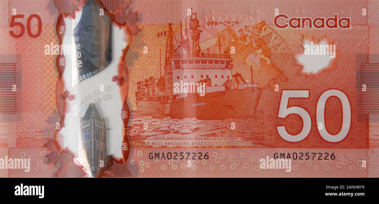 La Guardia Costiera canadese Amundsen nave rompighiaccio di ricerca sul Canada 50 dollari 2012 polimero frammento di banconote da vicino Foto Stock