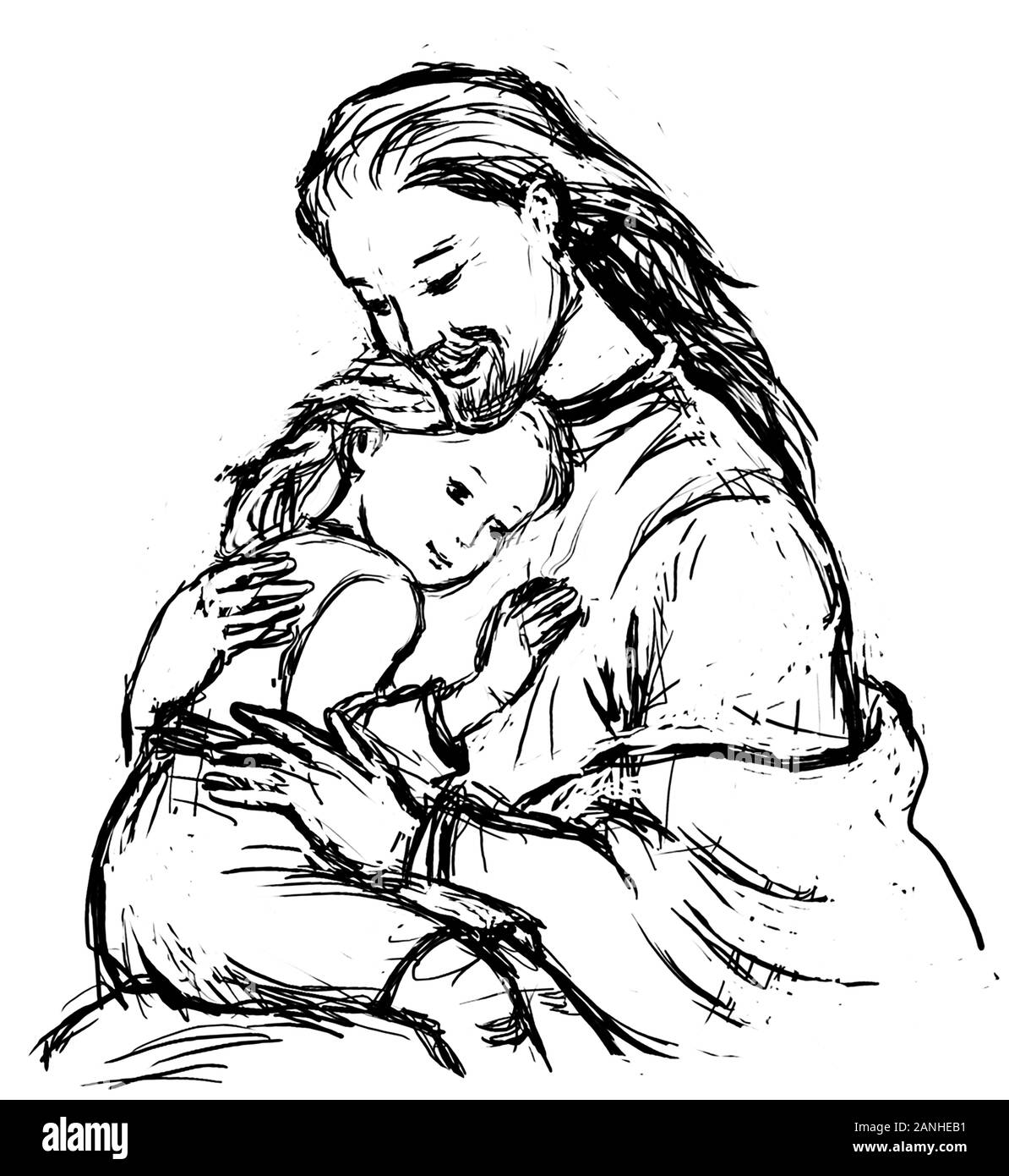 Gesù Che Abbraccia Il Bambino Giovane. Illustrazione o schizzo del disegno penna e inchiostro Foto Stock